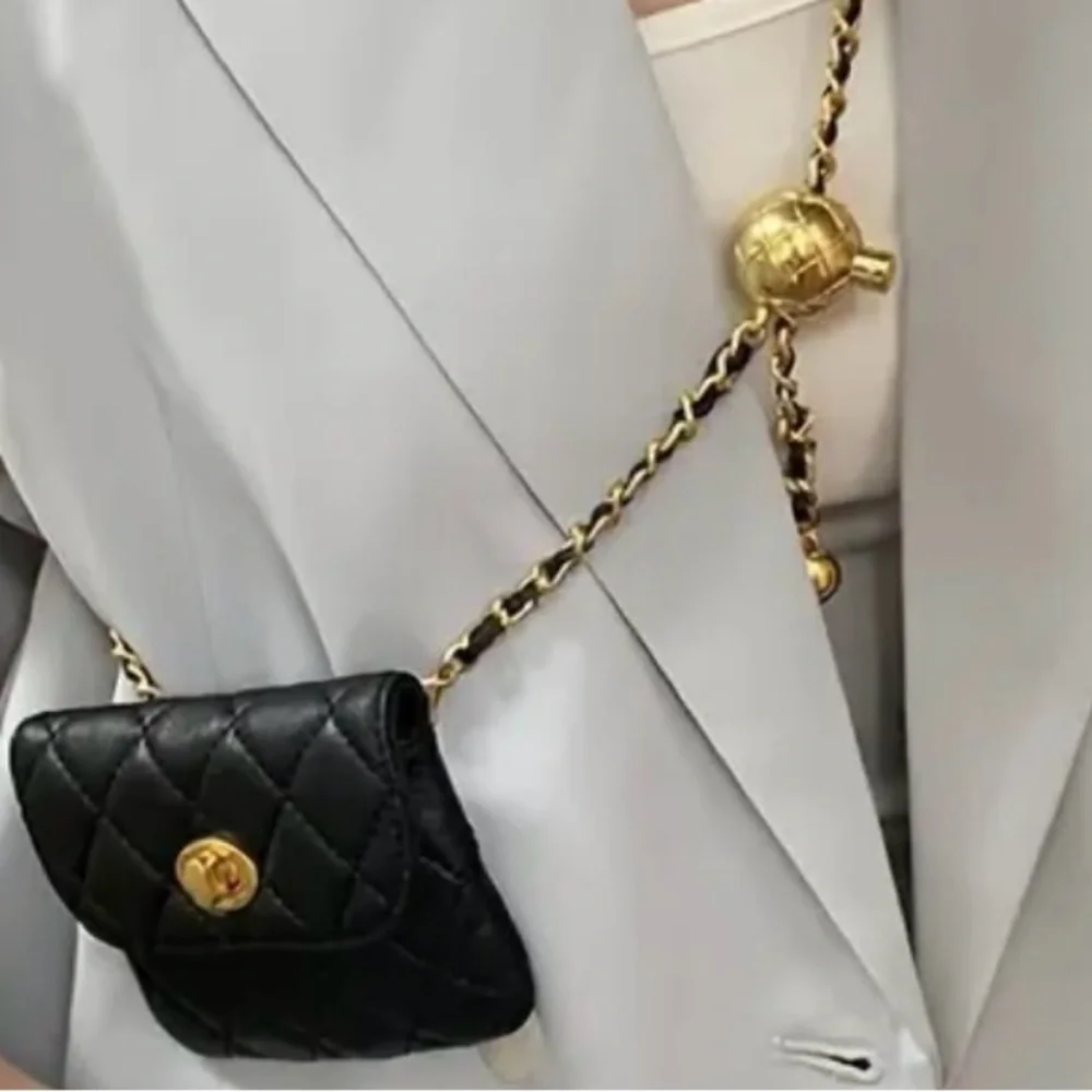Fashion Crossbody/Belt Mini Black Bag Quilted Crossbody Bag with Gold Chain - Picture 5 of 5